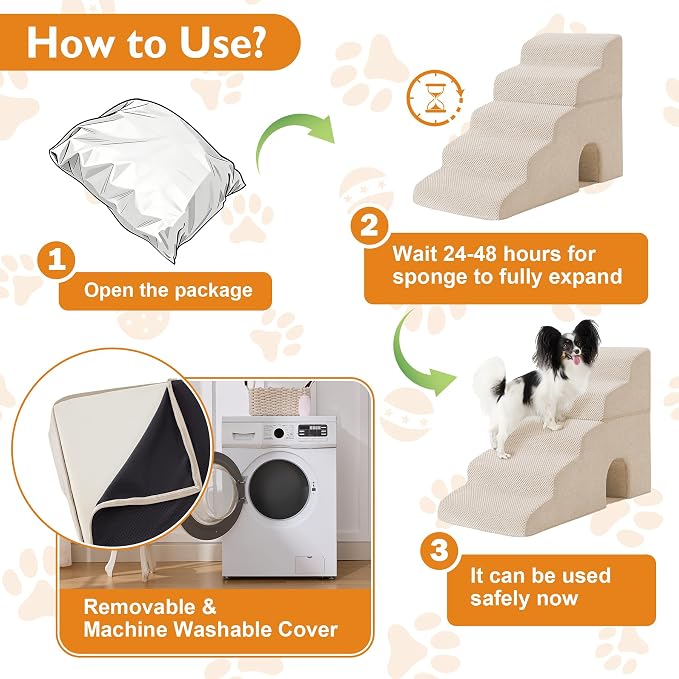 Dog Stairs for Small Dogs 16’’ H, 3-Step Dog Steps for Bed, Foldable Pet Stairs and Ramp for Dogs and Cats to Get on Beds, Couch, Non-Slip Balanced Pet Steps with Waterproof Cover, Beige