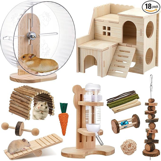 18 Pcs Hamster Cage Accessories, Silent Hamster Wheel, 15 Chew Toys Set, Maze Wood House and Water Bottle Set for Rat Mice Small Animals Habitat (Fun Interactive Style)