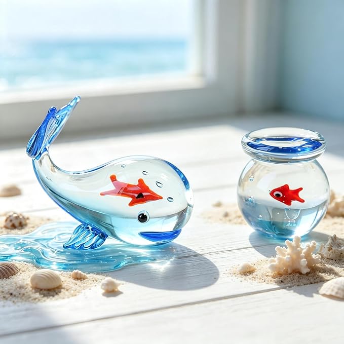 Miniature Glass Goldfish Decor Lucky Bag Fish Desktop Ornaments Cute Bubble Figurine Decorative Cartoon Aquarium Fish Statue Gift for Seaworld Ocean Lover (Whale)