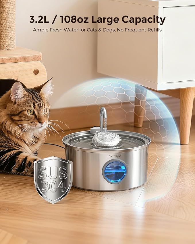 Invengo Cat Water Fountain Stainless Steel, 3.2L/108oz Pet Drinking Fountain for Cats Dogs, Automatic Cat Fountain with 2 Flow Modes, Splash-Proof Bowl, Includes 6 Replacement Filters