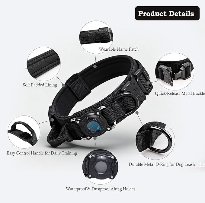 Upgraded AirTag Dog Collar,Waterproof Tactical Dog Collar with AirTag Holder, Control Handle and Metal Buckle,Heavy Duty Dog Collars for Large Dogs (Black，XL