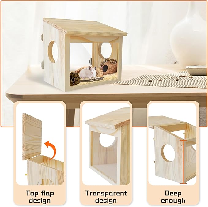 Visible Hamster Digging Box Hamster Sand Bath Container Rat Hideaway Wood Wooden House Hideout Exploration with Acrylic Plate Accessories Dwarf Syrian Rat Hideaway Wood Mice Gerbils Lemmings