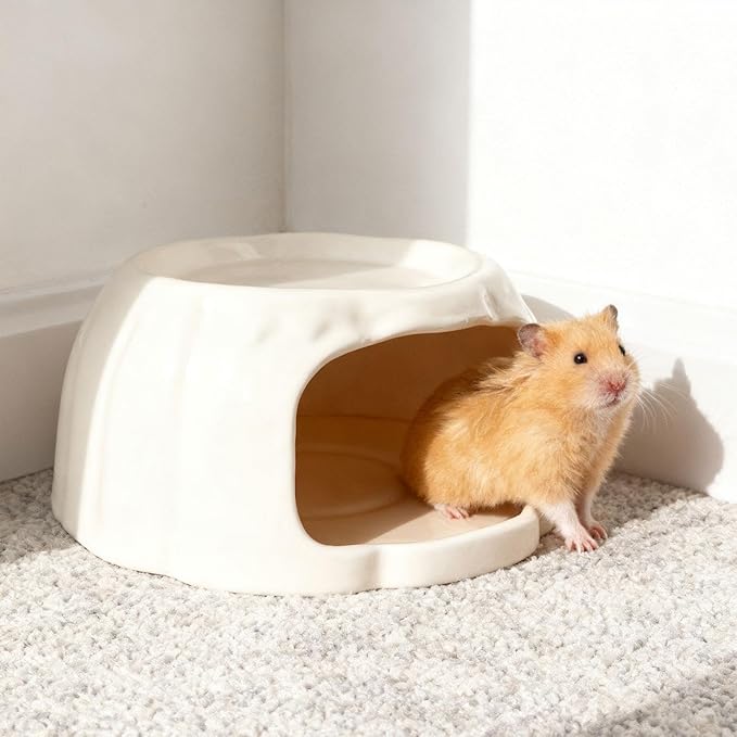 Hamster House Ceramic Hideout Small Animal Food Bowl Pudding Shaped Decorative Habitat Suitable for Hamster Cage Pet Gift Home Decoration, Light Orange