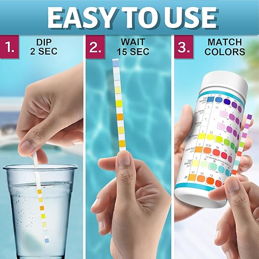 EASYTEST 9-Way Pool Test Strips, 140 Strips for Hot tub and Spa, Accurate Testing pH, Total Chlorine, Free Chlorine, Bromine, Alkalinity, Total Hardness, Cyanuric Acid, Salt and Copper