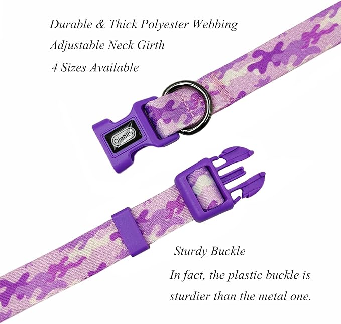 Dog Collar Leash Set, Camouflage Pattern, Polyester Material, Adjustable Collar and 5ft Matching Leash, for Medium Dogs.(M, Purple Camo)