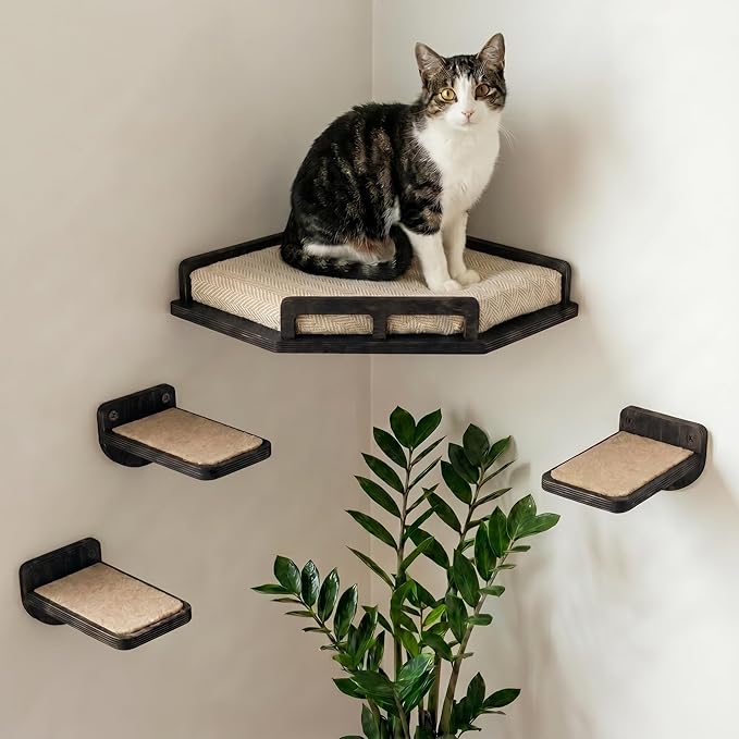INICIO Cat Wall Shelves - Safe and Sturdy Cat Wall Furniture - Stylish Natural Wood Corner Shelf with 3 Steps for Cats up to 15lbs - Cushioned Perch and Stairs for Climbing and Playing - Black
