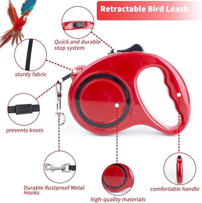 Retractable Bird Leash, 9.8ft Anti-Bite Bird Harness, Adjustable Parrot Harness with 3 Sizes Foot Rings, Outdoor Flying Harness for Macaws, Cockatiels, Macaws, Conures, Parrot, Parakeet