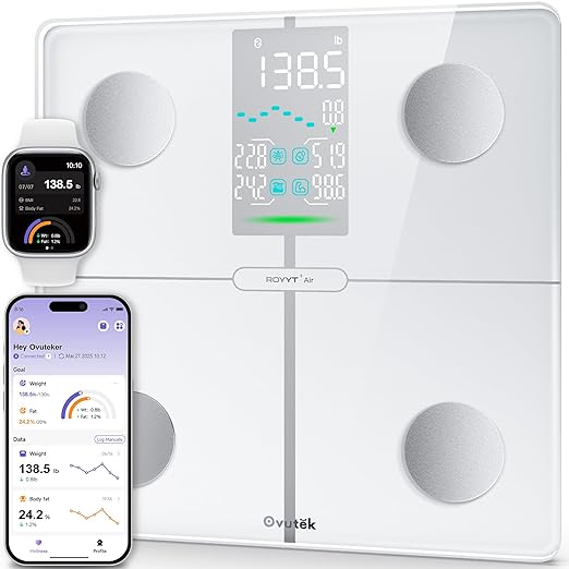 Ovutek Smart Body Fat Scale, High Accurate Digital Bathroom Scale with 13 Body Composition Metrics Including BMI, Muscle Mass, Most Accurate to 0.05lb with Fitness App, White