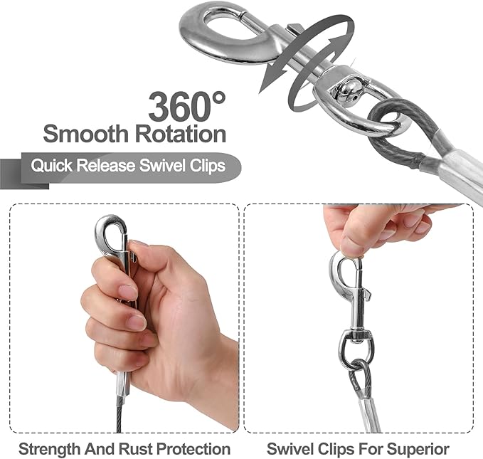 Tie Out Cable for Dogs,10/20/30/50/100FT Dog Leads for Yard Chew Proof,Heavy Duty Tie Out Cable for Large Dogs Up to 125lbs,Dog Runner Tether (Transparent Black, 125Ibs 30ft)