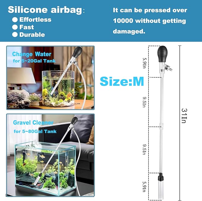 Carefree Fish Aquarium Gravel Cleaner 6Ft Hose Fish Tank Water Changer Sand Vacuum Silicone Airbag Adjustable Length ABS(for 5~20Gal Tank) 2026 New Upgrade Version