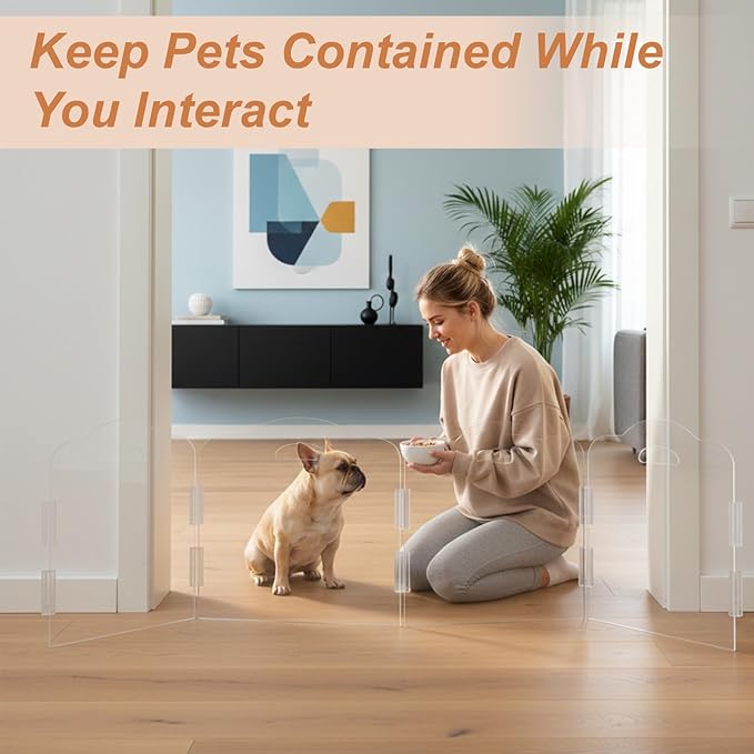 Transparent Acrylic Dog Gate Indoor, Free-Standing Pet Gate, 16" Height (Size S) Foldable 12 Modular Panels, Dog Fence for Doorways, Hallways, Stairs, No Drilling, Perfect for Puppies and Small Pets