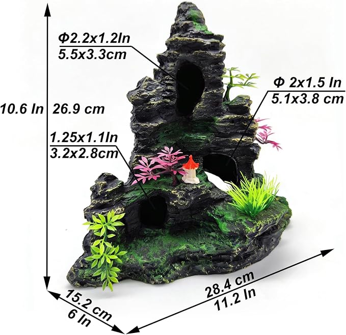Large Aquarium Decoration Resin Fake Rock Mountain Ornament Landscape Castle Decoration Fighting Fish Reptiles Turtles Hiding Cave Fish Tank Ornaments Accessories - Height 10.7 inches (Purple)