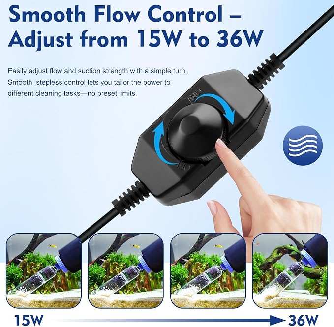 AQQA DC 36W Electric Aquarium Vacuum Gravel Cleaner | 6-in-1 Multifunctional, Fish Tank Cleaning Kit, Remove Dirt, Change Water, Wash Sand, Turtle Water Shower, Water Circulation