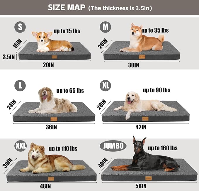 Patas Lague Orthopedic XL Dog Bed Large Sized Dog 48''X30'', Soft Waterproof Egg Crate Foam Large Pet Crate Beds Mat with Removable Washable Cover and Non-Slip Bottom, Dark Grey
