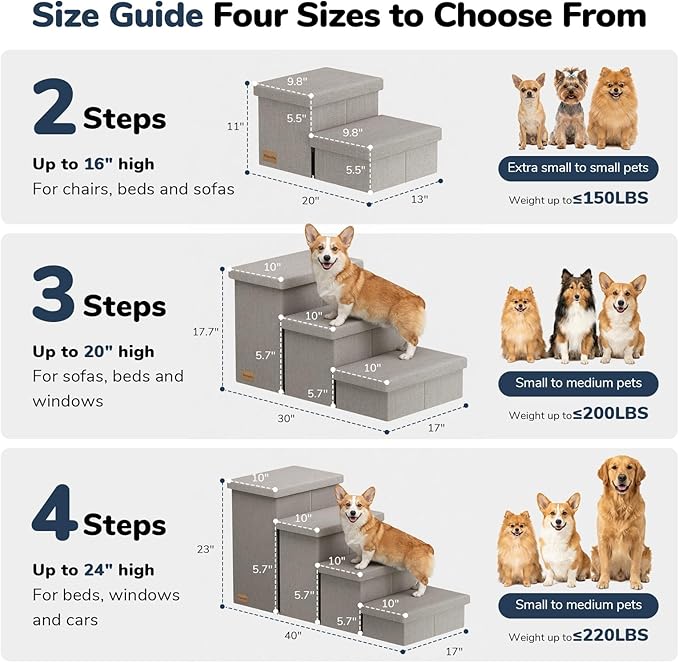 2-Step Wide Dog Stairs with Storage 11" H, Non-Slip Sturdy Pet Steps for Couch Chair, Dog Steps for Small/Medium Old Dogs, Cats, Rabbits Up to 150lbs, Foldable Cat Puppy Stairs for Car, Grey