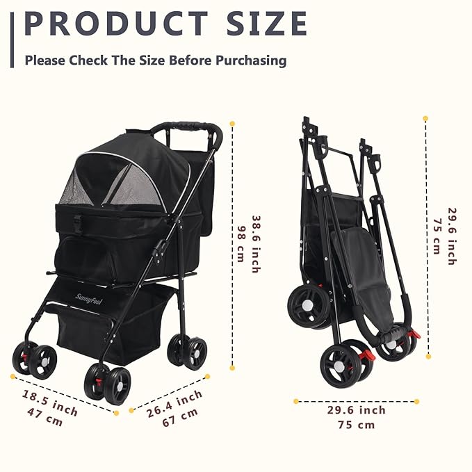 SUNNYFEEL Pet Stroller for Small Dogs and Cats, Iron Two-in-one Split, One-Click Foldable Dog Stroller, Holds up to 45 lbs, Storage Basket & Side Bag, Breathable Mesh, Black-pro