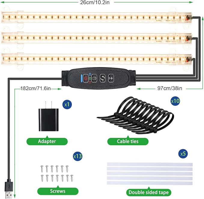 10.2'' 3 Head Grow Light Strips, LED Grow Lamps for Indoor Plants, Full Spectrum 3000K, Plant Light with 3/9/12H Timer, 10 Dimmable Levels for Seedling Succulent, Match for Plant Shelf (Pack of 2)