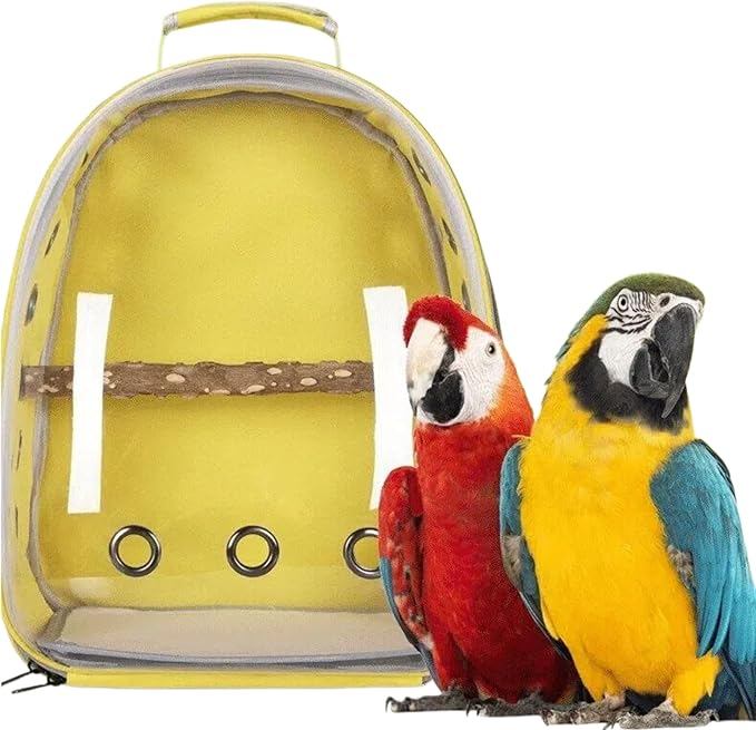 Bird Backpack, Lightweight and Breathable Outdoor Travel Backpack with 12 Breathable Holes, Wooden Pole, Adjustable Shoulder Strap for Birds and Pets (Yellow)