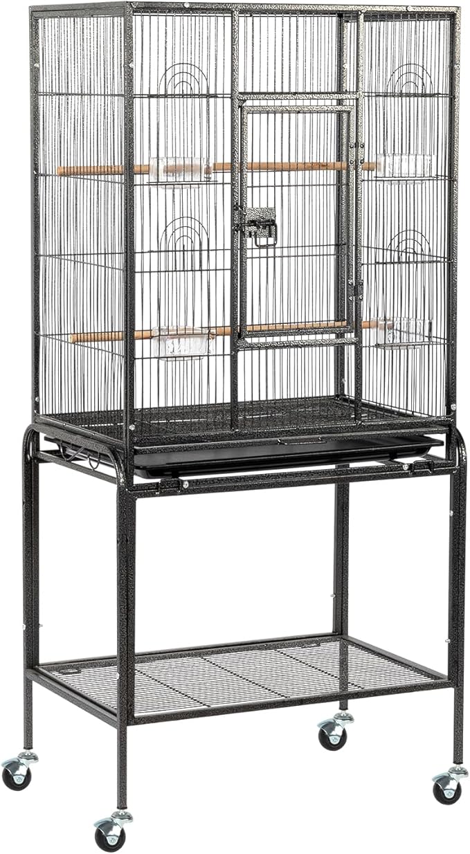 VINGLI 53-inch Bird Cage with Wheels, Durable Wrought Iron Parakeet Cage with Slide Out Tray, Black Bird Cages for Parakeets/Lovebird/Cockatiels/Budgies and Other Small/Medium Birds (Large-53 inch)