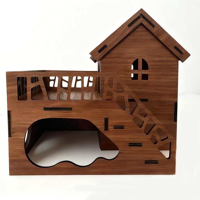 Wooden Hamster Cage, Multi-Chambered Natural Wood Hamster House with Underground Platform & Balcony, Chewable Maze-Like Habitat for Hamsters, Mice, Dwarf Hamsters