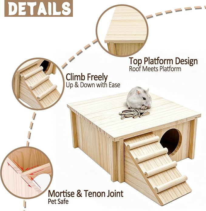 Wooden Hamster Hideout House,Gerbil Hide Hut with Climbing Ladder Platform,Dwarf Syrian Hamster Hideaway Cave Cage Accessories Habitats Decor for Rat Mice Mouse and Other Small Pets