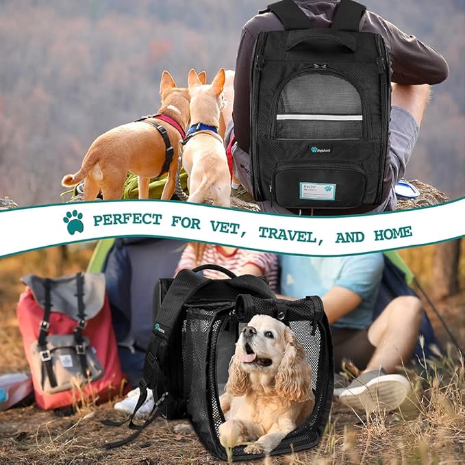 PetAmi Expandable Dog Backpack Carrier for Cats & Pets, Breathable Cat Carrier Backpack with Top Window & Multi-Entry, Ventilated Foldable Travel Carrier for Small Medium Pets up to 18 lbs, Black