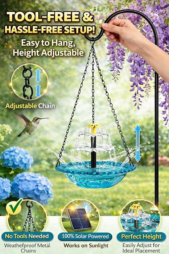 Solar Cascade Hanging Bird Bath Fountain, 2026 New Outdoor Hanging Bird Bath with Solar Fountain, Large Humming Birds Baths Fountains, with Solars Pump & Glass Bowl, for Outdoor, Gardens (#3)