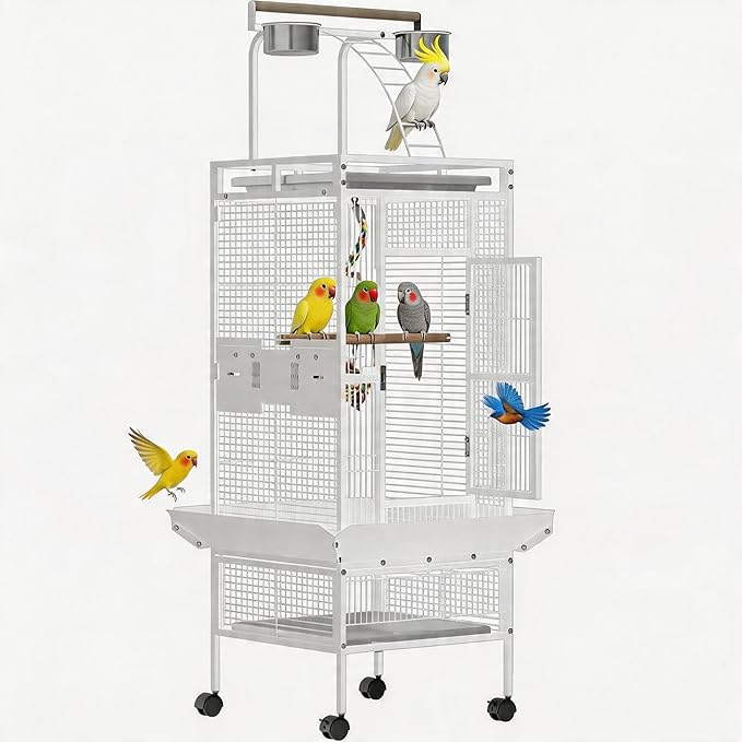 GarveeLife Large Bird Cage 60-inch Playtop Metal Bird Cages with Rolling Stands, Feed Bowls for Parakeets, Conures, Parrot Cage for Medium Large Parrot Cage with Slide-Out Tray Seed Guard, White