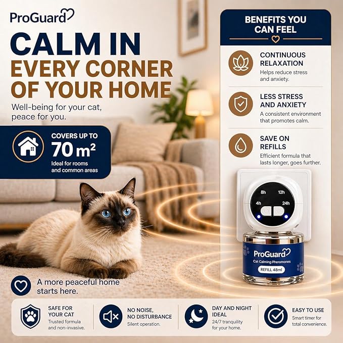 ProGuard® Cat Calming Diffuser Kit with Timer – Advanced Support to Reduce Stress, Spraying, Scratching, Fighting and Hiding – Cat Pheromone Diffuser 9-in-1 with 3 Diffusers with Timer + 6 Refills