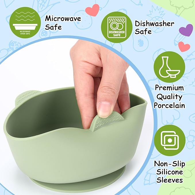Domensi 2 Sets Kids Porcelain Bowls with Suction Sleeves Toddler Suction Bowl Upgrade Durable Microwave Dishwasher Safe Cereal Soup Snack Dishes for Baby Children Feeding Supplies (Blue and Green)