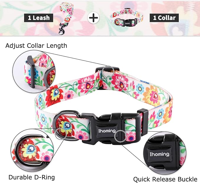 Ihoming Dog Collar and Leash Set for Daily Outdoor Walking Running Training, White Colorful Flowers Design for Small Boys Girls Dogs Cats Pets, S-Up to 20LBS