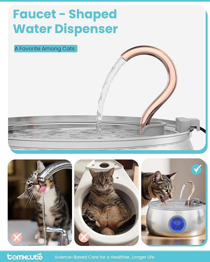 Tomxcute Cat Water Fountain - 4.0L/135oz Gooseneck Copper Stainless Steel Cat Water Fountains for Cats Indoor - Kitty Cat Fountains for Drinking Spout - Comes with 3 Replacement Filters