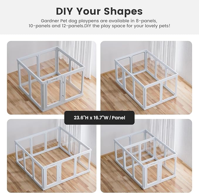 Clear Acrylic Dog Playpen - 50 x 50 Inch, 24" H 12 Planes Transparent Dog Fence Indoor, Sturdy Pet Pen for Puppy/Small Dog/Rabbit/Pig, Easy Assemble & Cleaning Plastic Whelping Box Enclosure, Grey