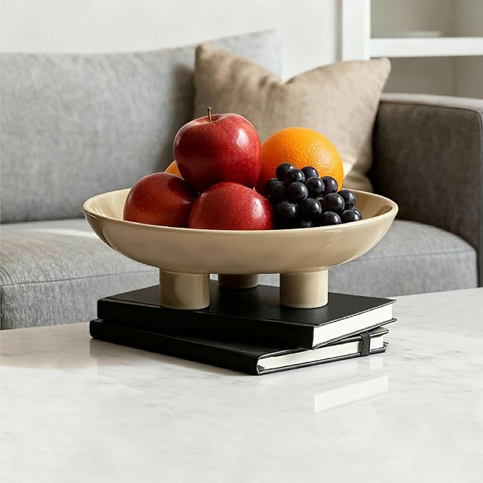 Three-Leg Ceramic Fruit Bowl, 10 Inch Oval Serving Dish for Kitchen Counter, Candy or Key Holder, Home Decor Accent Beige