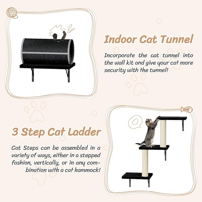 7-in-1 Cat Wall Shelves, Wall Mounted Cat Climber Set, Cat Furniture with House, Tunnel, Bridge, Steps, Scratcher, Hammock, Shelves for Indoor, Black