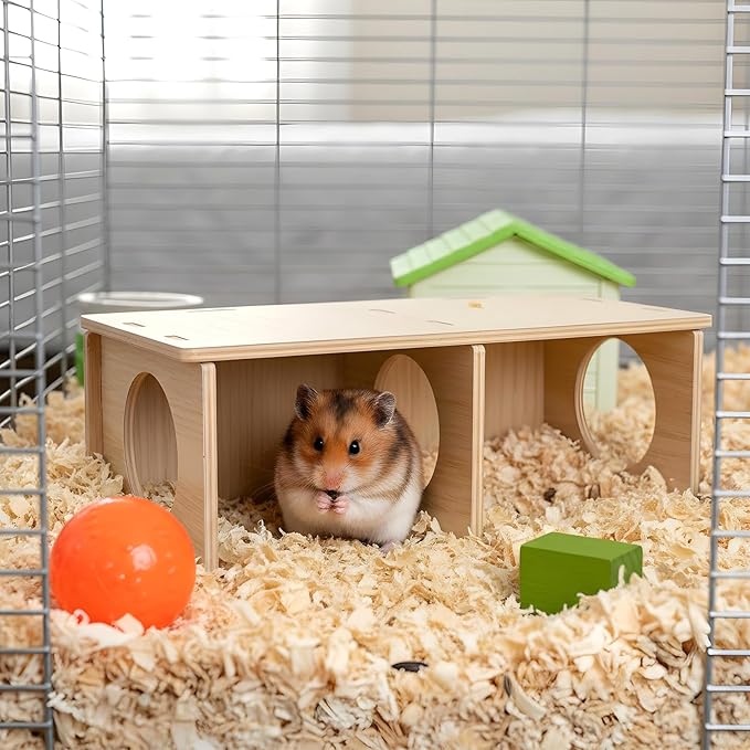 Wooden Hamster Hideout, 2 Chamber Hideout Tunnel Exploring Toy with Peep Windows Wood Cage Accessories for Gerbils Mice Rats
