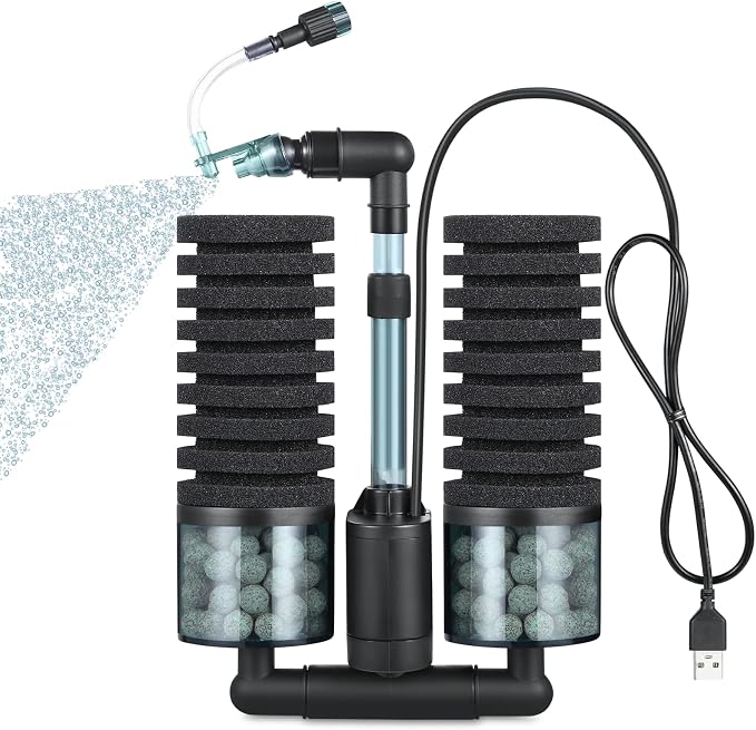 Aquarium Sponge Filter Bubbler with Ultra Quiet Water Pump and Ceramic Balls for Fish Shrimp Breeding Tank (Filter M(15-50 Gallon))