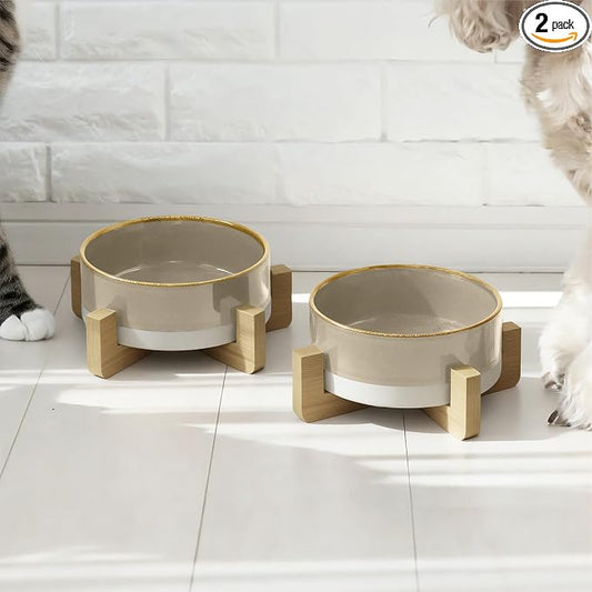 Elevated Ceramic Cat and Dog Double Bowl Set - 14 oz Lead-Free Feeder with Two Natural Bamboo Wood Stands (Brown)