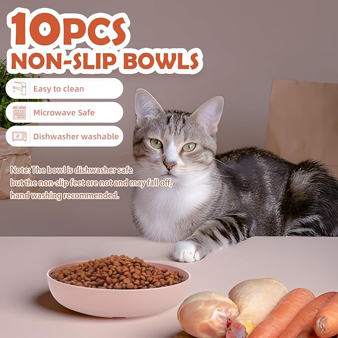 10 Pcs Whisker Fatigue Cat Bowl, 5.5 Inch Shallow Cat Food Dish with Non Slip Feet Flat Cat Food Plates Kitten Cat Food Bowl Set for Wet Food and Water