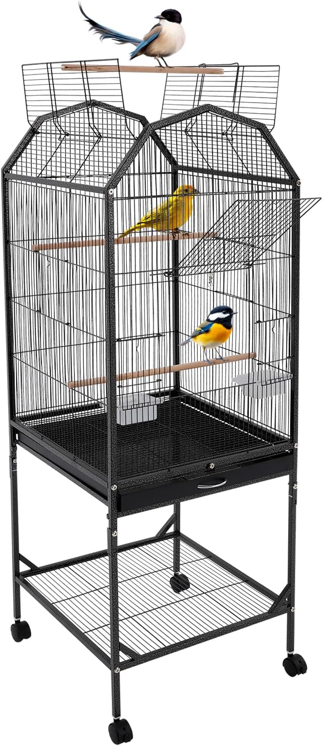 Birdcage Open Top 54 Inch Birdcages with Pull-Out Tray, Rolling Bird Cages with Wheels for Parakeets, Parrot, Cockatiel, Pigeon, Finch Cage(Black)