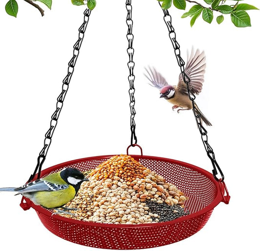 Hanging Bird Feeder for Outdoors – 9 in Metal Mesh Bird Feeder Tray Platform for Small Wild Birds, Red