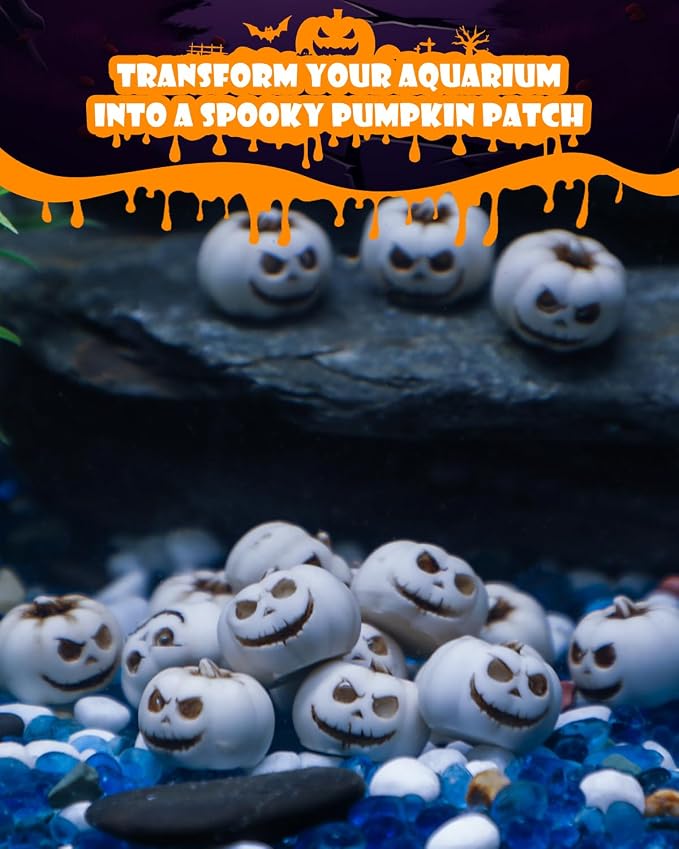 Uniclife 20 Pcs Halloween Mini Pumpkin Decorations, Halloween Fish Tank Decor, Spooky Smiling Face Mini Pumpkins, Jack-O'-Lantern Miniature Vase Fillers, White Resin Artificial Figurines