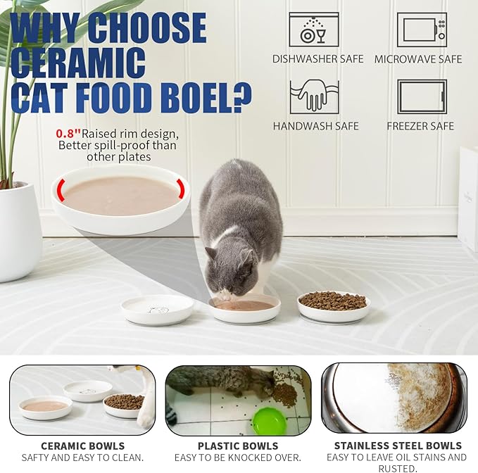 Lusifaco Shallow Cat Food Bowls - 5.9 Inch Wide Ceramic Anti Whisker Fatigue Cat Dishes Set With Non-Slip Silicone Mat - Kitten Plates for Food and Water - 3 Pack (Blue)