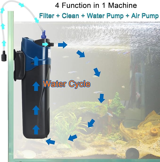 COOSPIDER Fish Tank Filter U-V JUP-02 Submersible Aquarium Filter Green Clean Machine 132gph for 20-60 Gallon Small Fish Tank Internal Pump for Turtle Tank, Air Supply & Oxygen Enhancement