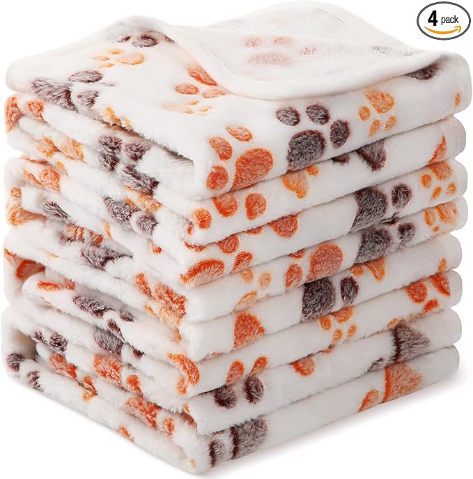 Tatuo 4 Pack Fleece Dog Blankets for Puppy Cats Multi-Size Sleep Mat for Pet Guinea Pig Soft Washable Warm Crate Bed Puppy Teething Toys Print Pattern Blanket Indoor(White,30 x 20.5 Inch,Paw)