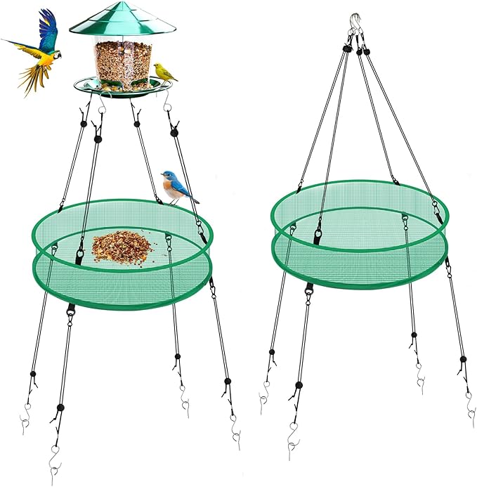 2 Pcs Bird Seed Catcher for Outdoor Feeders, 20" Hanging Bird Feeder Seed Catcher Platform with Adjustable Hanging Hoop for Hummingbird Bee Feeder Outdoor Garden Backyard Accessories(Green)
