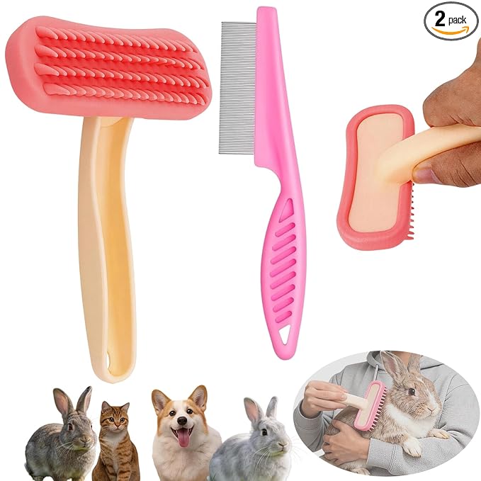 2pcs Rabbit Brush, Bunny Brush, Small Animal Grooming Comb, Removes Loose Fur, Detangles & Massages for Rabbits, Chinchillas, Puppies & Kittens During Shedding and Bath Time