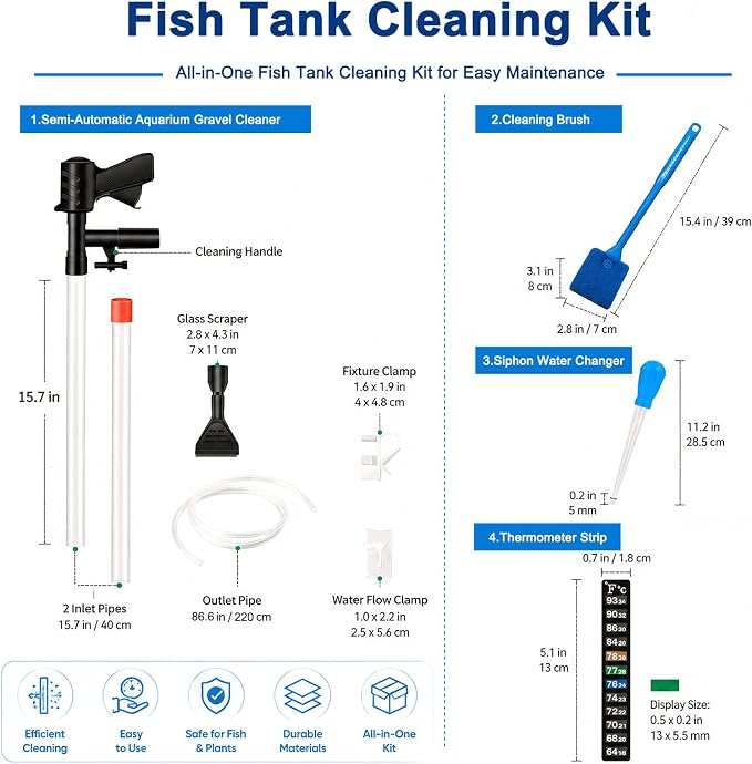 Aquarium Gravel Cleaner Kit, Semi-Automatic Siphon for Fish Tanks | Gravel & Sand Compatible Removes Fish Waste & Debris Water Change Made Easy Cleaning Brush Thermometer Strip Included