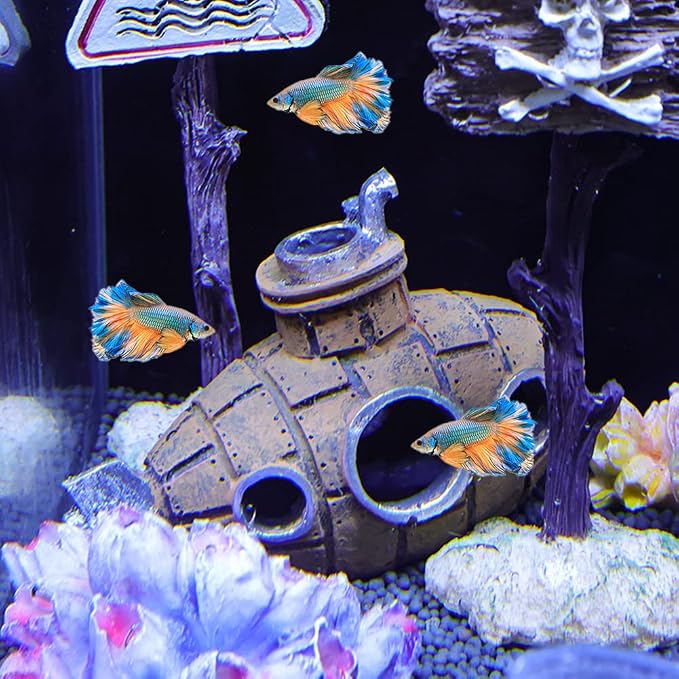 Submarine Aquarium Ornament, Resin Fish Tank Hideout Cave for Shrimp | Compact fish tank cave decor for small fish and shrimp in freshwater and saltwater aquariums
