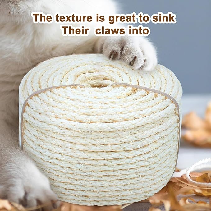 Sisal Rope for Cat Scratcher, Cymuber 6mm Cat Sisal Rope for Replace Scratching Post and Scratcher Repair, DIY Hemp Twine for Tree Tower Carpet Mat Kicker House Pet Toy and Crafts(164-Feet/50M)